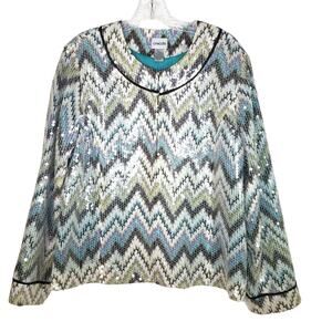 Chicos Blazer Womens 2 US 12 Sequin Cocktail Jacket Muted Jewel Seascape ZigZag